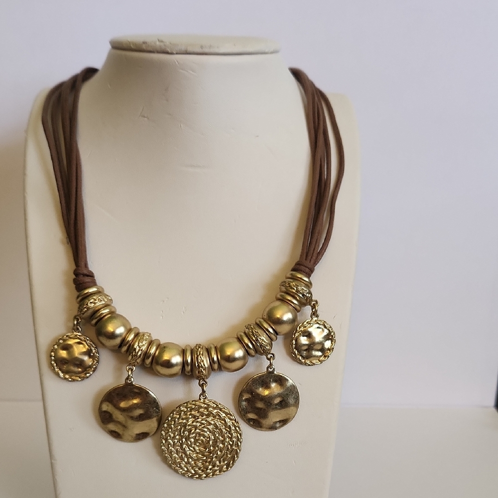Chico's Goldtone Cirlce Hammered And Beads On Leather Multi-Strand Cord